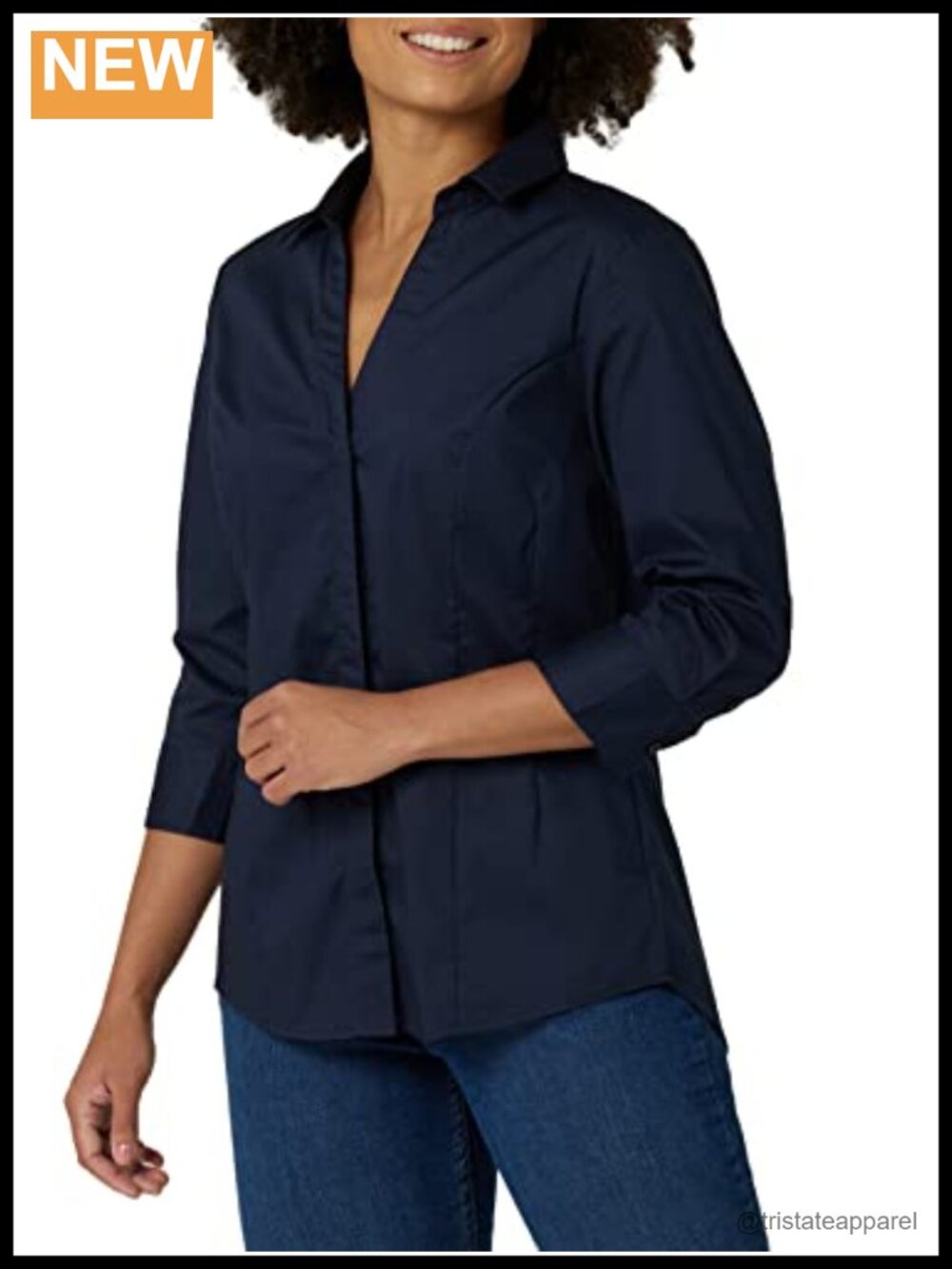 Riders by Lee Indigo Woven Button-Down Shirt 3/4 Sleeve Collared Blouse